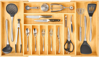 Umilife Bamboo Kitchen Drawer Organizer, 13 Inch Silverware Utensil Tray Holder, Extra Deep Grooved Drawer Divider, 7 Slots Total Bamboo Wood Caddy for Flatware Cutlery Knives, Forks, Spoons