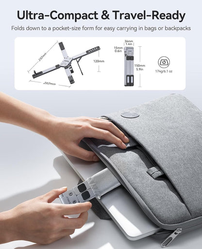 ORICO Portable Laptop Stand for Travel & Desk, Ultra-Compact Foldable Aluminum 3-in-1 Riser for Laptop, Tablet & Phone, 5 Adjustable Heights, Compatible with MacBook/HP/Dell/iPad/iPhone – PN1 (Gray)
