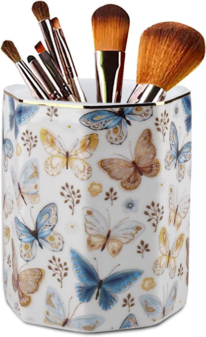 Jwest Pen Holder, Makeup Brush Holder Ceramic Shiny Gold Leopard Cheetah Pattern Animal Pencil Cup for Girls Women Durable Stand Desk Organizer Storage Gift for Office, Classroom, Home Light Brown