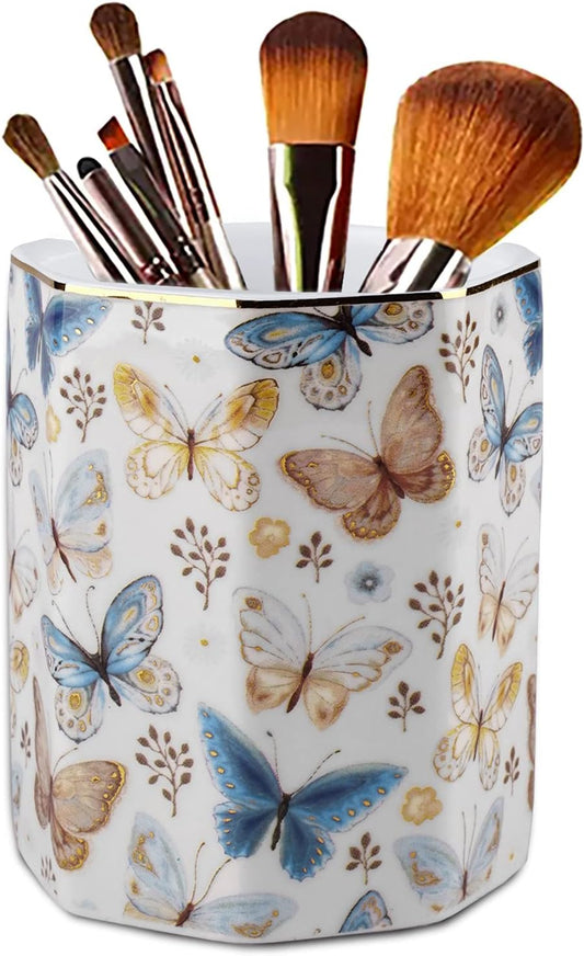 Jwest Pen Holder, Makeup Brush Holder Ceramic Shiny Gold Leopard Cheetah Pattern Animal Pencil Cup for Girls Women Durable Stand Desk Organizer Storage Gift for Office, Classroom, Home Light Brown
