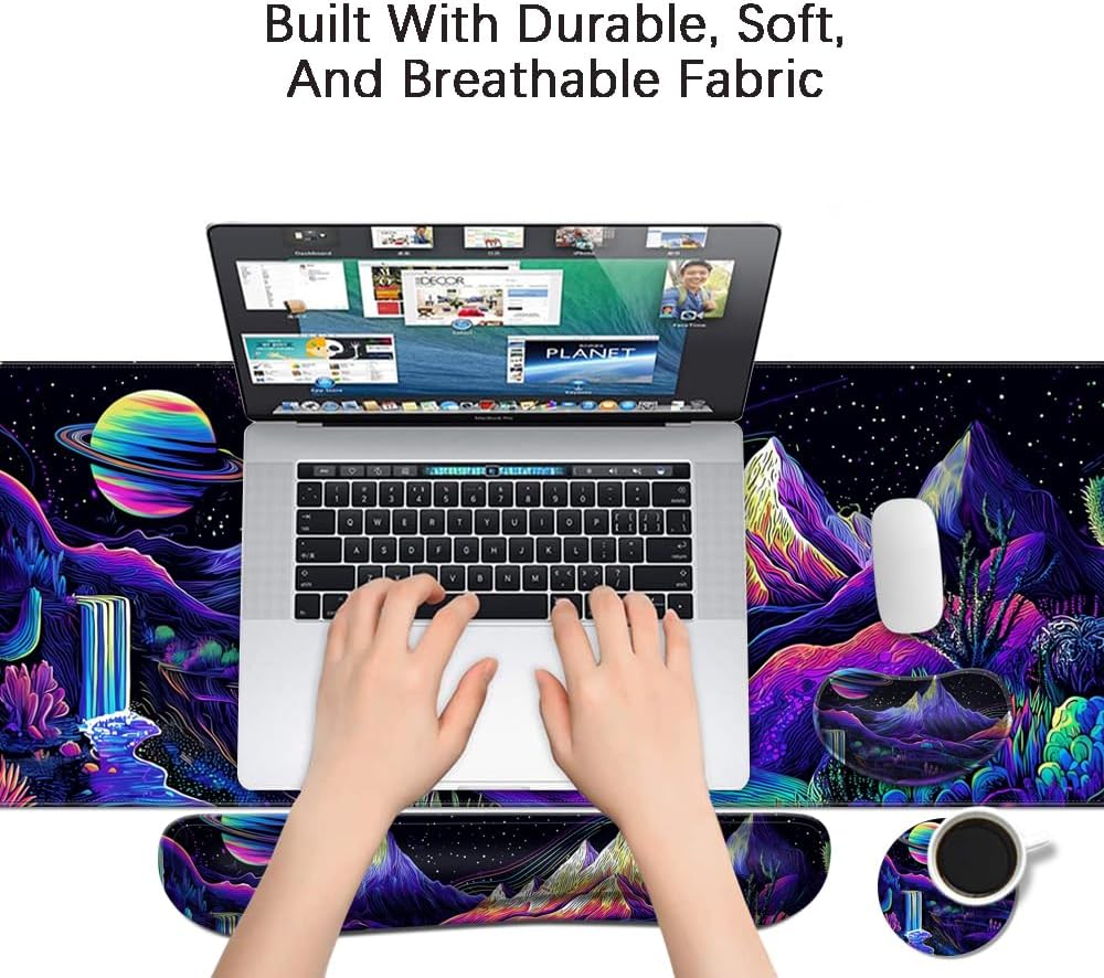MIBITRI Keyboard Mouse Pad Set, Extended Gaming Mouse Pad+Ergonomics Keyboard Wrist Rest Support, Memory Foam, Easy Typing Pain Relief, 4Pcs XXL Ultra Thick Desk Mat, Enchanted Bookshelf