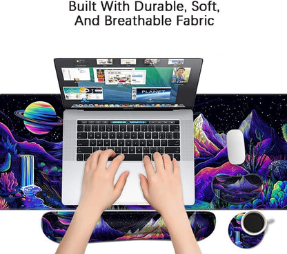 MIBITRI Keyboard Mouse Pad Set, Extended Gaming Mouse Pad+Ergonomics Keyboard Wrist Rest Support, Memory Foam, Easy Typing Pain Relief, 4Pcs XXL Ultra Thick Desk Mat, Enchanted Bookshelf