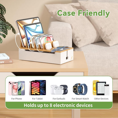 Pezin & Hulin Multi Charger Station Organizer Rack, Bamboo Cable Management Box, Power Strips and Cord Hider, Nightstand Device Organizer (Include 6 Cables)(No Power Charging Supply) -White