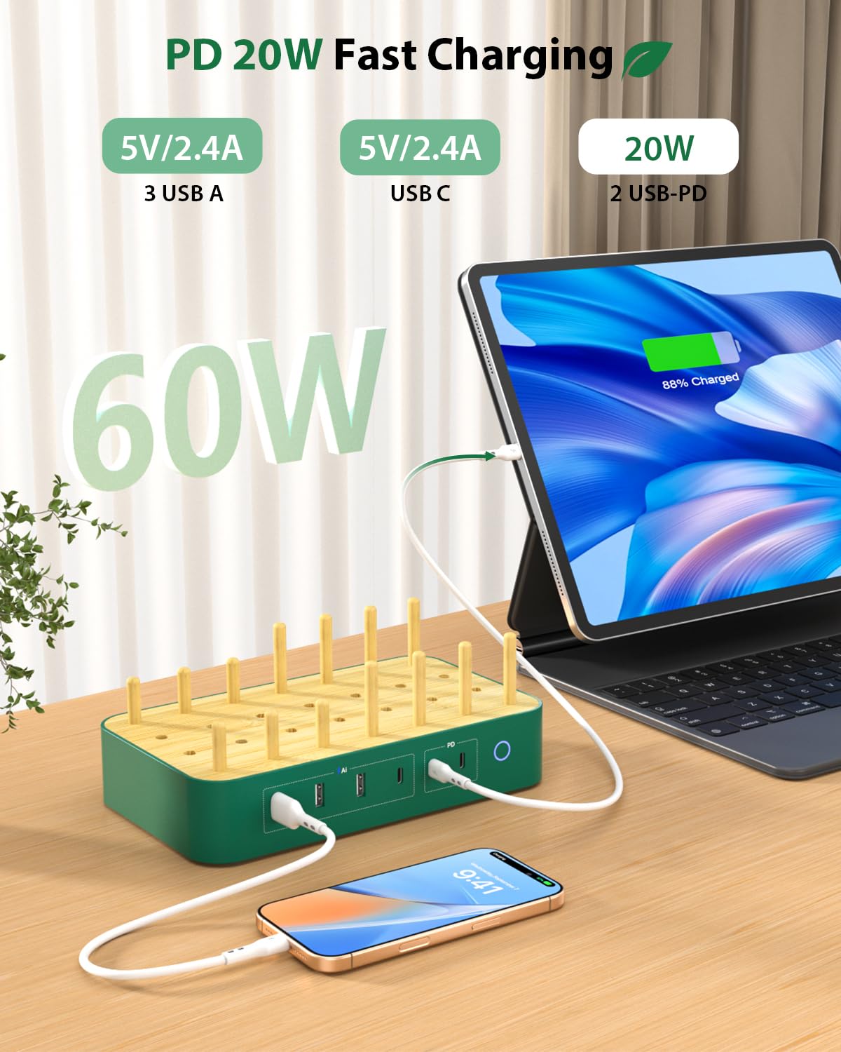 Bamboo USB-C Charging Station for Multiple Devices,60W 6 Port Charing Dock with 3 AC Outlets, 3 USB C, 3 USB A,6.6ft Power Cord for lPhone,lPad,Tablets (6 Mixed Cables Included),White