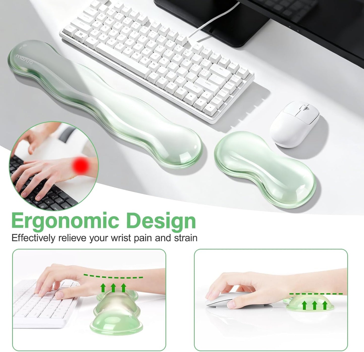 MOSISO Gel Keyboard Wrist Rest&Wrist Support for Mouse, Ergonomic Wrist Pad Soft Cooling Gel Pain Relief Easy Typing Pad Non-Slip Computer Laptop Wave Shaped Home/Office Wrist Cushion, Transparent