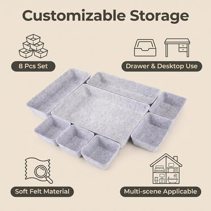 Desk Drawer Organizer Bins, 8pcs Felt Shallow Bathroom Storage Trays, Office Accessories & Workspace Organizers Jewelry & Makeup Boxes Containers(Black)