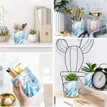 WAVEYU Ceramic Pen Holder for Desk Cute, Pencil Cup Pot Desk Organizer, Makeup Brush Holder for Women, Men, Kids, Desk Marble Decor for Office, Classroom, Home, Gray Golden