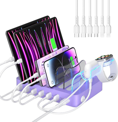 SooPii Premium 6-Port USB Charging Station Organizer for Multiple Devices, 6 Short Charging Cables and One Upgraded i-Watch Charger Holder Included, for Phones, Tablets, and Other Electronics, White