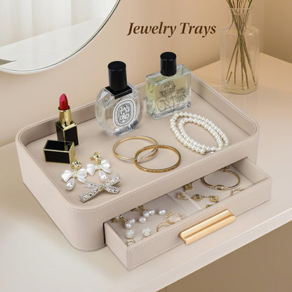GORESE PU Leather Valet Tray with Drawer, Nightstand Organizer Catch All Tray for Jewelry Perfume Purse Trinket Key Holder, EDC Trays for Desk Vanity Entryway Table, Gift for Women Men, Cream White