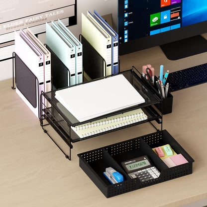 LEKETREE Desk Organizer, Office Organization with Vertical File Holder, File Organizer with Drawer and Pen Holder, Desk Accessories and Workspace Organizers for Home Office (Black)