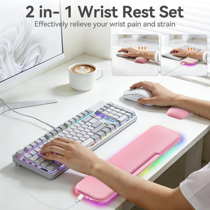 2-in-1 Heated Wrist Rest Set, Ergonomic Memory Wrist Pad with RGB Lights and Non-Slip Base, Keyboard Mouse Wrist Rest for Computer Laptop Office Work and PC Gaming