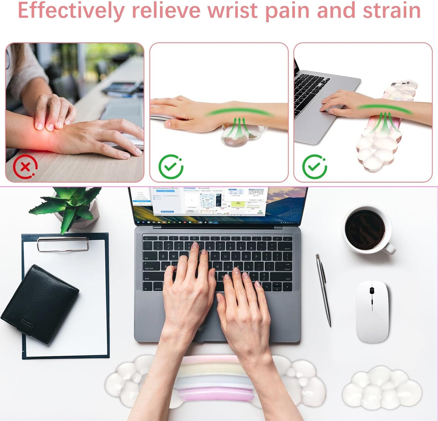 MEGREZ Clear Gel Wrist Rest for Keyboard and Mouse, Cute Crystal Gel WristRest, Ergonomic Wrist Rest Set, Cloud Wrist Rest Keyboard, Pink