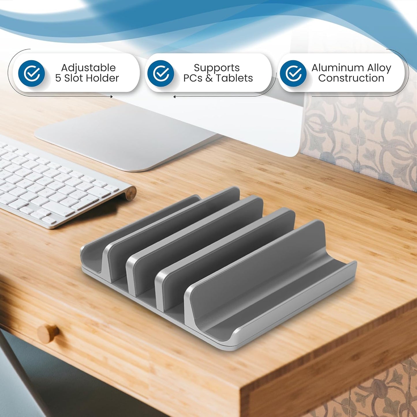 Elestoria 5- Slot Vertical Laptop Stand - Aluminum Laptop Stand Vertical for Desk - Fits MacBook Pro/Air, Surface, Mobiles & Gaming Laptops up to 17.3" - Heavy Duty Laptop Holder for Desk - (Black)
