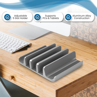 Elestoria 5- Slot Vertical Laptop Stand - Aluminum Laptop Stand Vertical for Desk - Fits MacBook Pro/Air, Surface, Mobiles & Gaming Laptops up to 17.3" - Heavy Duty Laptop Holder for Desk - (Black)