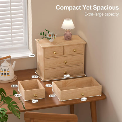 Oak Desk Organizer with Drawers, Durable Wooden Desktop Storage Box with Metal Handles & Non-Slip Silicone Pads, 4 Drawer Tabletop Organizer for Office, Bedroom, Bathroom, Vanity, and Makeup – Walnut