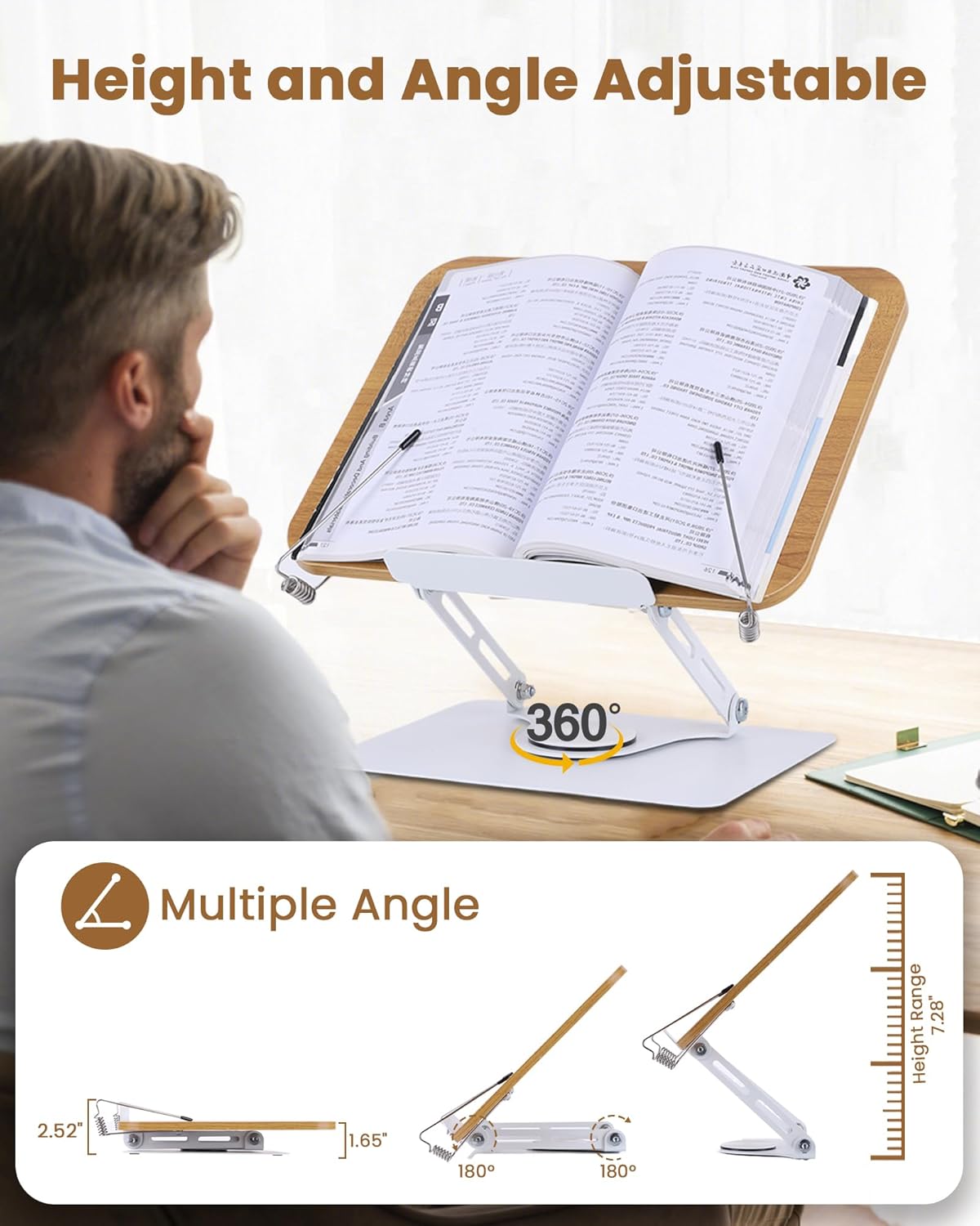 ASIEIT Desk Clamp Book Stand, Aluminum Book Holder Adjustable Height & Angle, Cookbook Stand for Kitchen, Recipe Book Holder with 360° Swivel Base, Book Stand for Reading, Office, Laptop