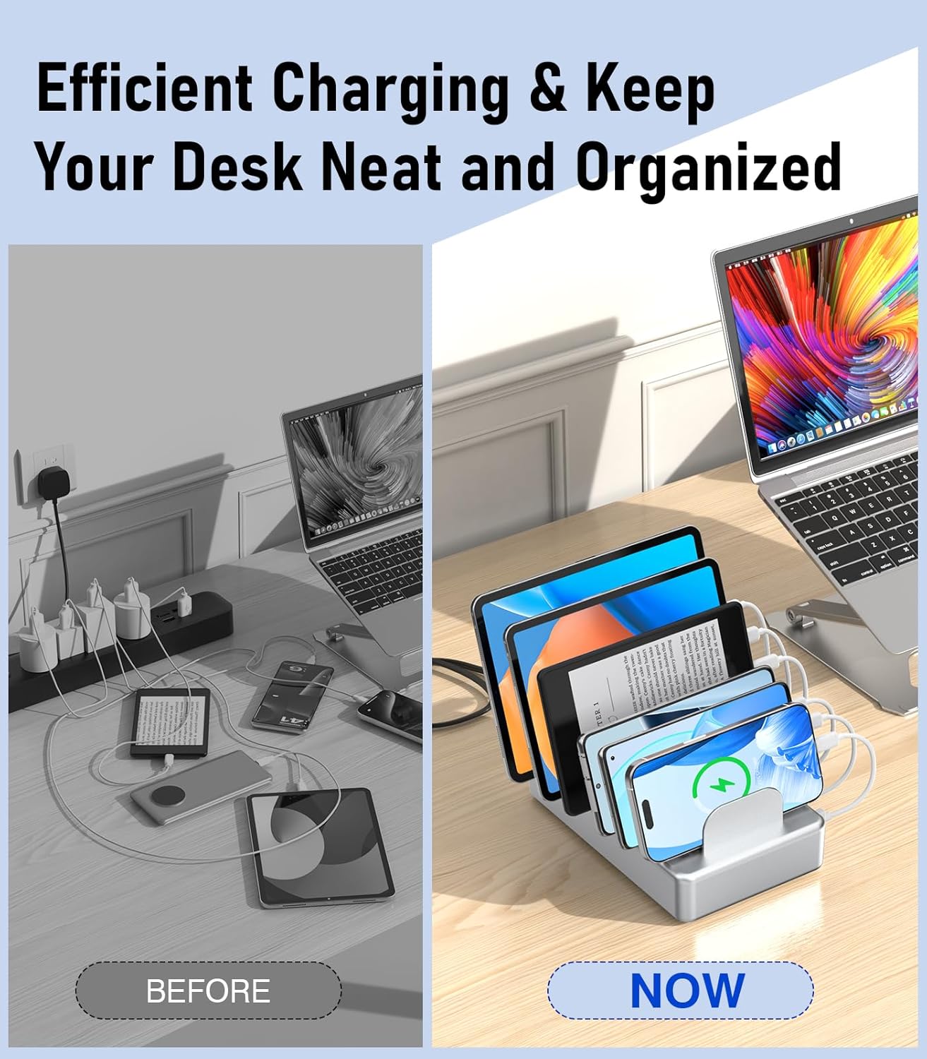 CREATIVE DESIGN 50W 6 Ports Multi Charger Station with 6 Charging Cables, USB Charging Dock for Multiple Devices, Compatible with Cellphone iPad Kindle Tablet and Other Electronic Devices