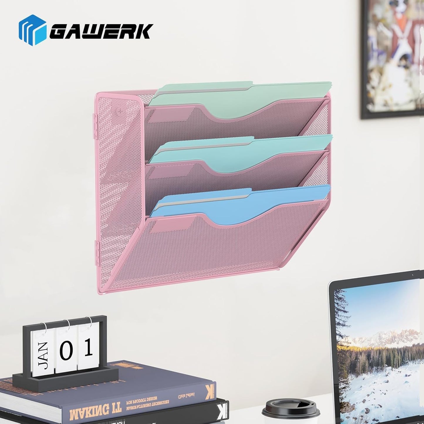 Gawerk 5 Tier Hanging Wall File Organizer, Mesh Mail Paper Orgnization Hanging File Folder Holder for Home Office, Black