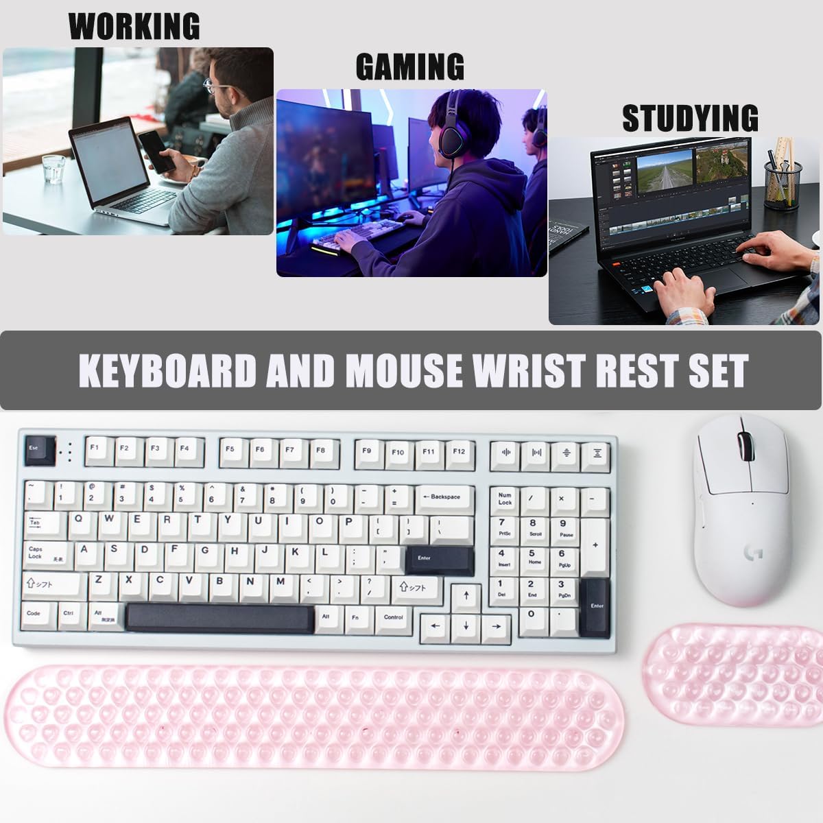 Ergonomic Gel Keyboard and Mouse Wrist Rest Set – Pink Wrist Rest for Computer Keyboard 75% 80%, Comfort & Support for Typing and Gaming