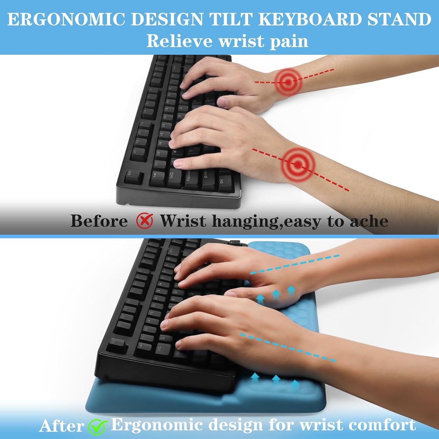 Computer Keyboard Stand Pad with Wrist Rest, Ergonomic Comfy Tilted Keyboard Stand Riser Holder Pad for Office Home (Black)