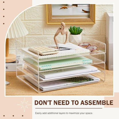 Harloon 4 Tier Paper Organizer Letter Tray Acrylic Desk File Organizer Heavy Duty Stackable Documents Clear Letter Paper Holder Sorter Office Tray for A4, Office Classroom Home File Pad Notebooks