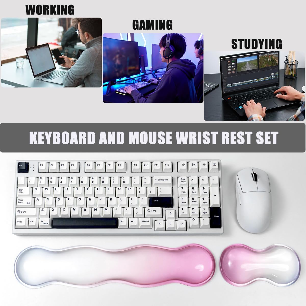 Ergonomic Gel Keyboard and Mouse Wrist Rest Set – Clear Wrist Rest for Computer Keyboard 60%/68%/75%, Comfort & Support for Typing and Gaming (Grey Purple)