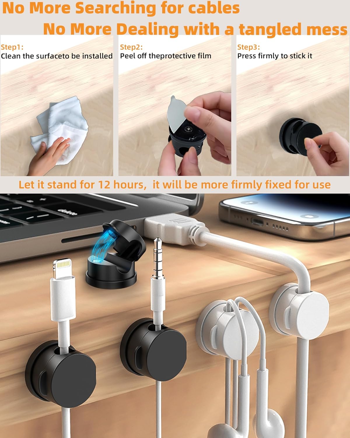 6 Pack Magnetic Cable Organizer, 360° Adjustable Cord Holder, No-Residue Nano Acrylic Adhesive Cord Clips Charger Cable Management for Office Home Desk Phone Car Wall Desktop Nightstand(White)