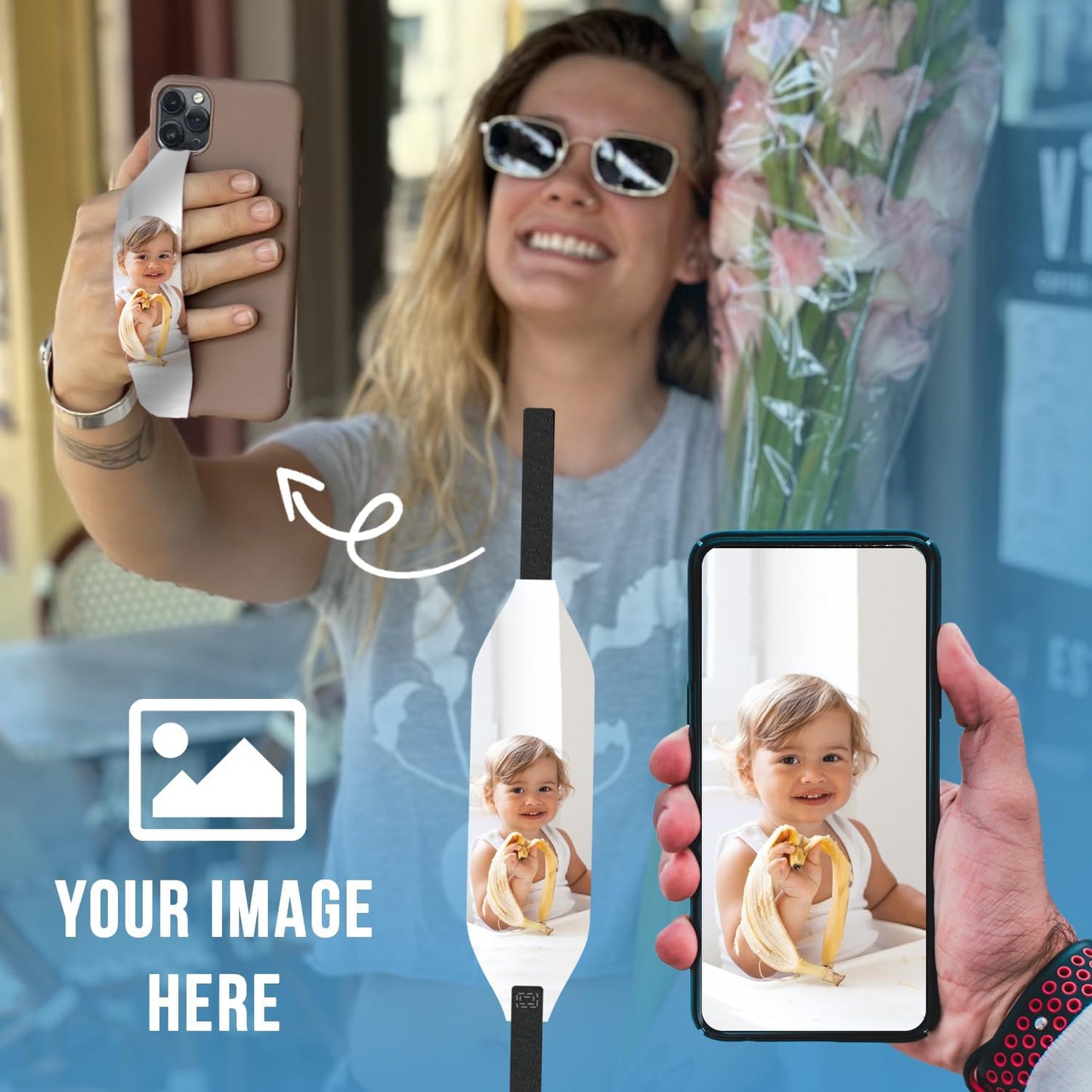 Switchbands Universal Phone Grip Strap – Customizable Phone Holder for Hand, Wireless Charging Safe Phone Handle Grip, Reuseable Phone Strap for iPhone, Samsung & Android Cases - Metallic Rose