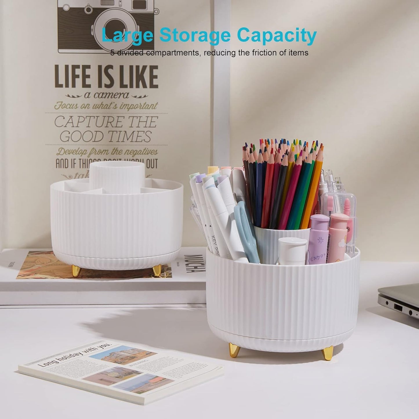 Desk Pencil Pen Holder, 5 Slots 360 Degree Rotating Pencil Pen Organizers for Desk Desktop Storage Stationery Supplies Organizer Cute Pen Cup for Office School Home Art Supply Cream Yellow