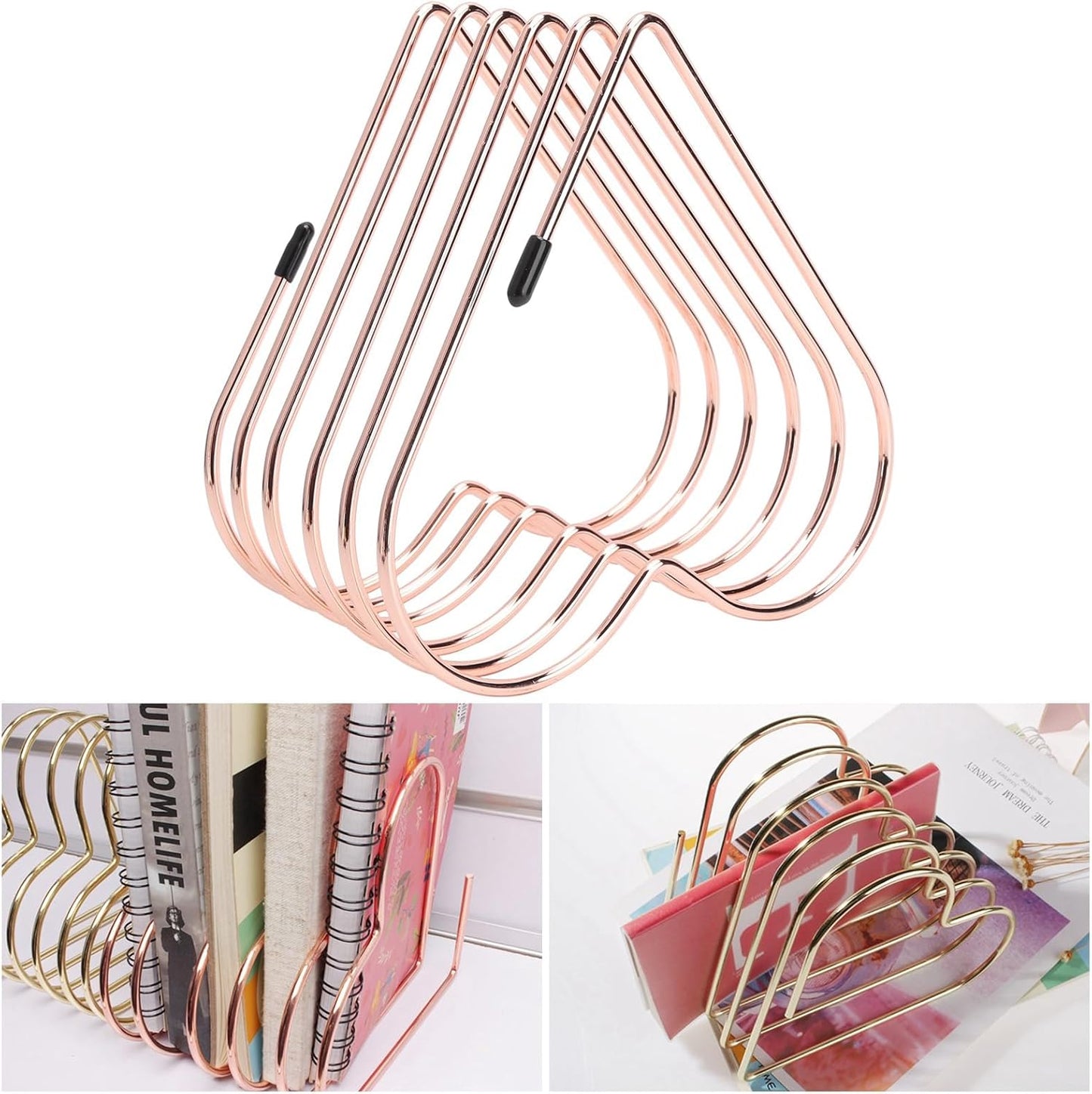 Folder Holder for Desk, Heart Shaped Desk File Organizer Vertical File Holder, 5 Slots Iron Gold File Holder, Telescopic Book File Organizer Stand for Desk File, Gold