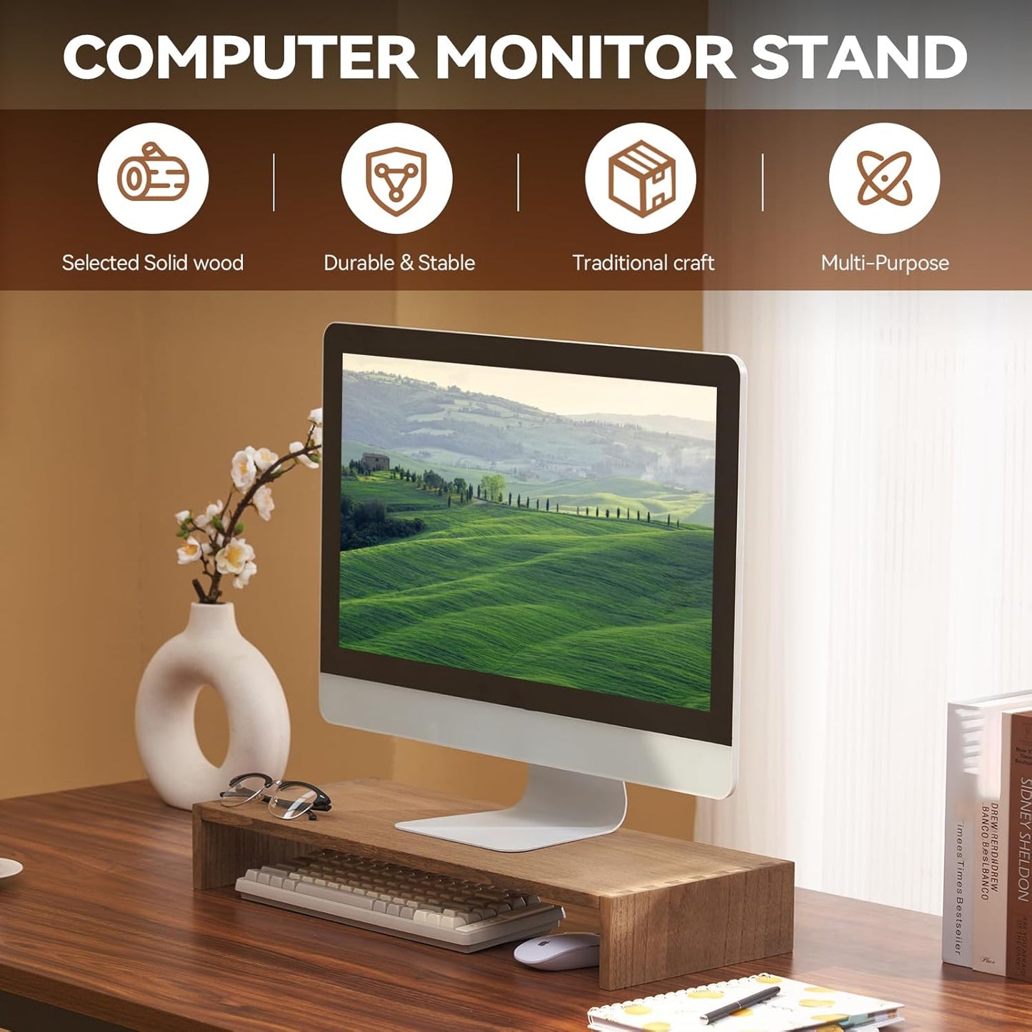 KIRIGEN Monitor Stand Wooden - Desk Stand Wood for Computer/Laptop/TV Printer - Monitor Arms & Stands Desk Riser for Office Desktop Workspace Organizers Platforms Stands (39,Dark Brown)