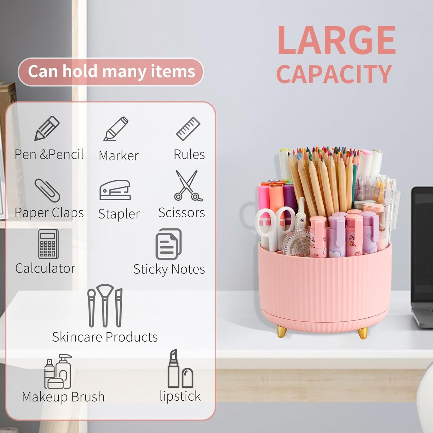Camelmother Pen Holder For Desk With 5 Slots 360°Rotating Pencil Holder Makeup Organiezr Teacher Supplies Office decor (purple)