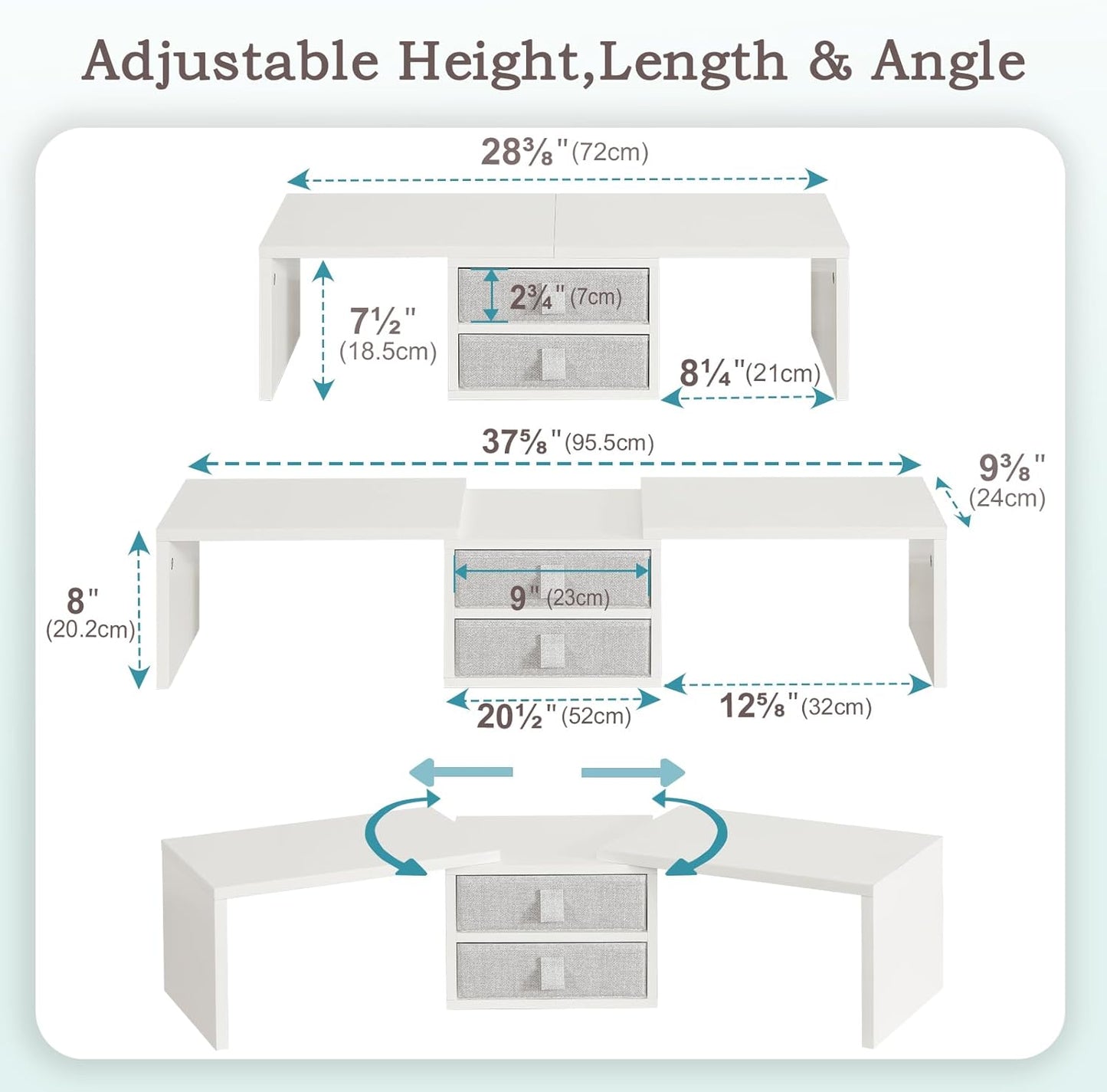 TEAMIX Dual Monitor Stand Riser with 2 Drawers-Length and Angle Adjustable 3 Shelf Monitor Riser with Storage Desk Organizer Large Computer Monitor Stand for 2 Monitors/Laptop/PC,Wood Screen/TV Stand