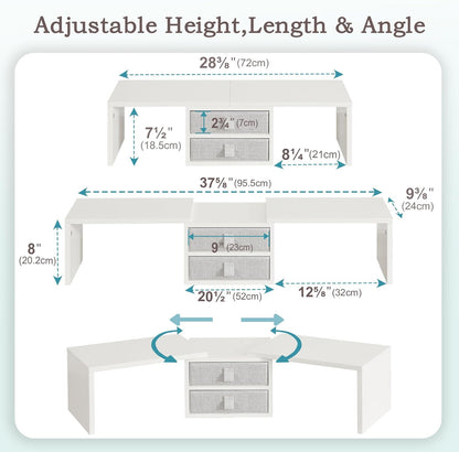 TEAMIX Dual Monitor Stand Riser with 2 Drawers-Length and Angle Adjustable 3 Shelf Monitor Riser with Storage Desk Organizer Large Computer Monitor Stand for 2 Monitors/Laptop/PC,Wood Screen/TV Stand