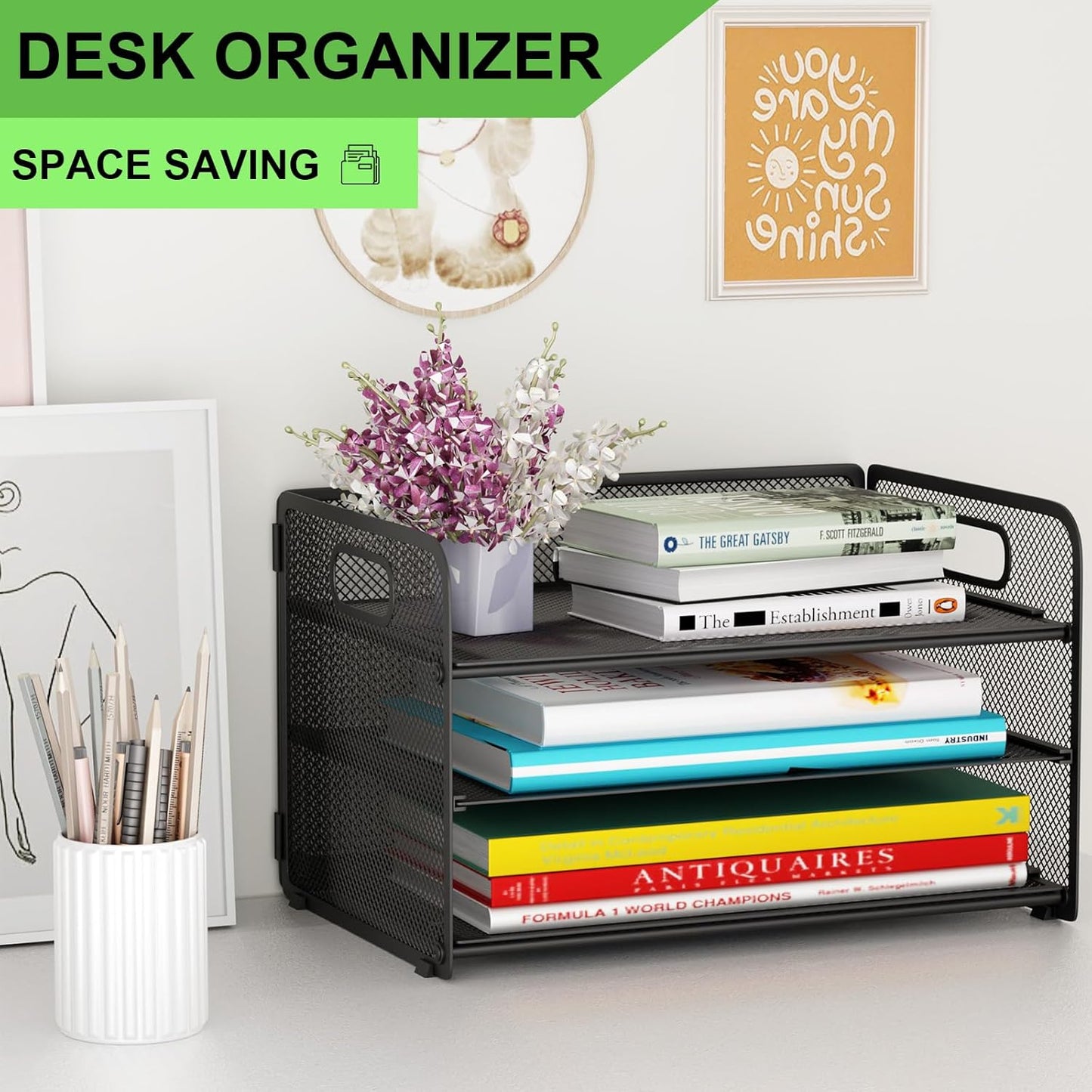 3 Tier Paper Letter Tray Organizer for Desk, Mesh File Folder Document Organizer with Handle for Home Office Supplies Desktop Accessories, Black