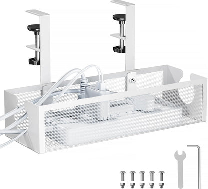 YECAYE No-Drill Metal Under Desk Cable Management Tray, Power Strip & Cable Organizer for Home Office,Under Desk Storage,Organizer Tray,White