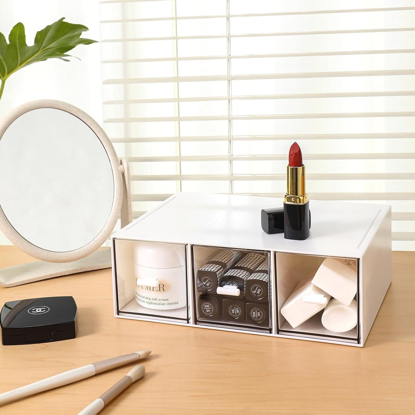 MILULUGO Plastic 3 Drawer Organizer for Cosmetic Storage, Desk Organizer, Makeup Organizer for nail polish, Lipstick, Brushes, Jewelry, Skincare, Bathroom Organization Boxes - White