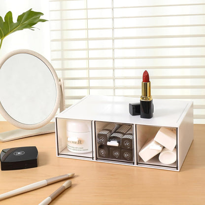 MILULUGO Plastic 3 Drawer Organizer for Cosmetic Storage, Desk Organizer, Makeup Organizer for nail polish, Lipstick, Brushes, Jewelry, Skincare, Bathroom Organization Boxes - White