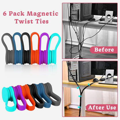 Viaky 6 Packs Magnet Wire Winder Straps, Multi-Colored Noticeboard Fridge Clips Silicone Cable Organizer Reusable Tie Phone Earbuds Bookmark Whiteboard Fridge (Lake Blue, Blue, Gray)