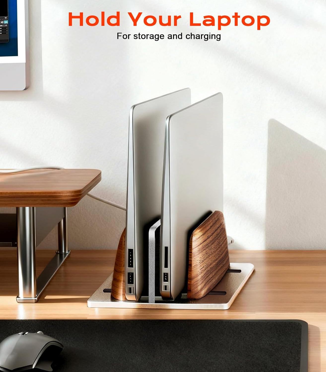 JCZT Vertical Laptop Stand, Walnut Dual Laptop Holder with Adjustable Aluminum Alloy Base Laptop Stand Compatible with All MacBok/Surface/Samsung/HP/Dell/Chrome Book (Black)