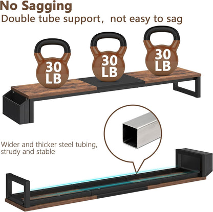 LAND·VOI Heavy Duty Dual Monitor Stand, Holds 2 Screens Up to 27 Inches, Adjustable Length and Angle Monitor Riser, Desk Organizer with Side Pockets and Drawers, Home Office Desk Storage, Rustic Brown