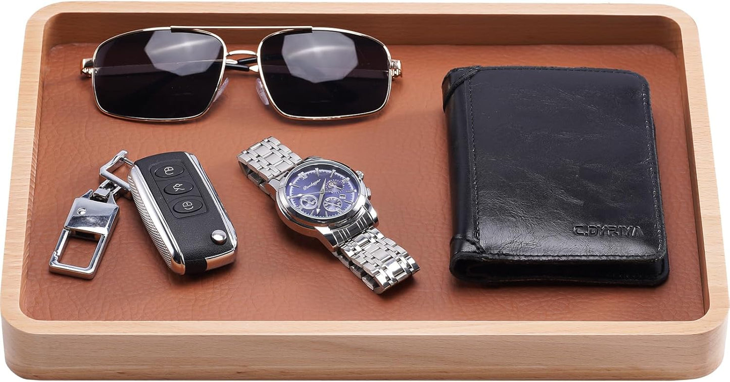 ProCase Wooden Valet Tray for Men, Wood Catch-All EDC Organizer, Nightstand, Entryway Bedside Dump Holder, for Wallets, Keys, Watches, Phones, Loose Change, Trinkets -DarkBrown