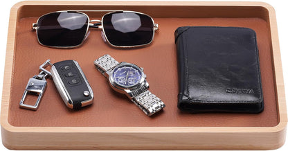 ProCase Wooden Valet Tray for Men, Wood Catch-All EDC Organizer, Nightstand, Entryway Bedside Dump Holder, for Wallets, Keys, Watches, Phones, Loose Change, Trinkets -DarkBrown
