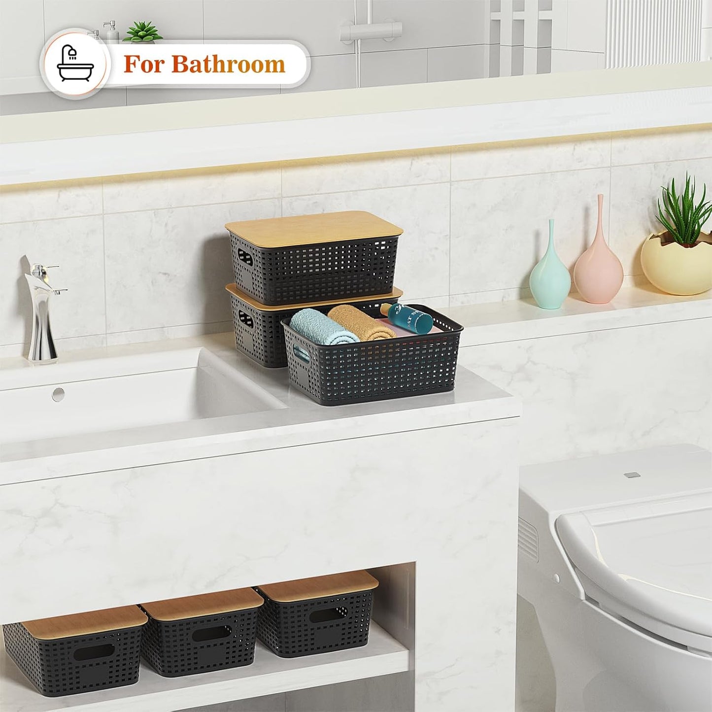 Ohmlove Plastic Storage Baskets With Bamboo Lid - Plastic Storage Containers Stackable Storage bins: Storage Baskets for Organizing Shelves Drawers Desktop Closet Playroom Classroom Office, 6 Pack