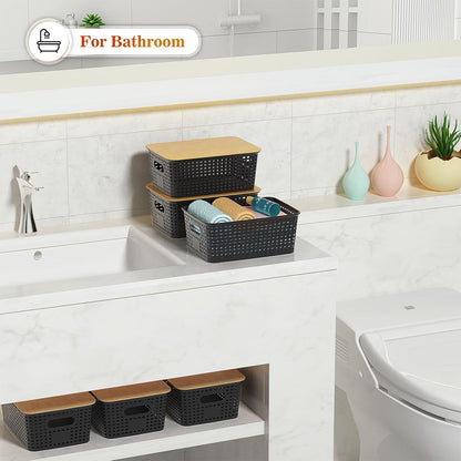 Ohmlove Plastic Storage Baskets With Bamboo Lid - Plastic Storage Containers Stackable Storage bins: Storage Baskets for Organizing Shelves Drawers Desktop Closet Playroom Classroom Office, 6 Pack