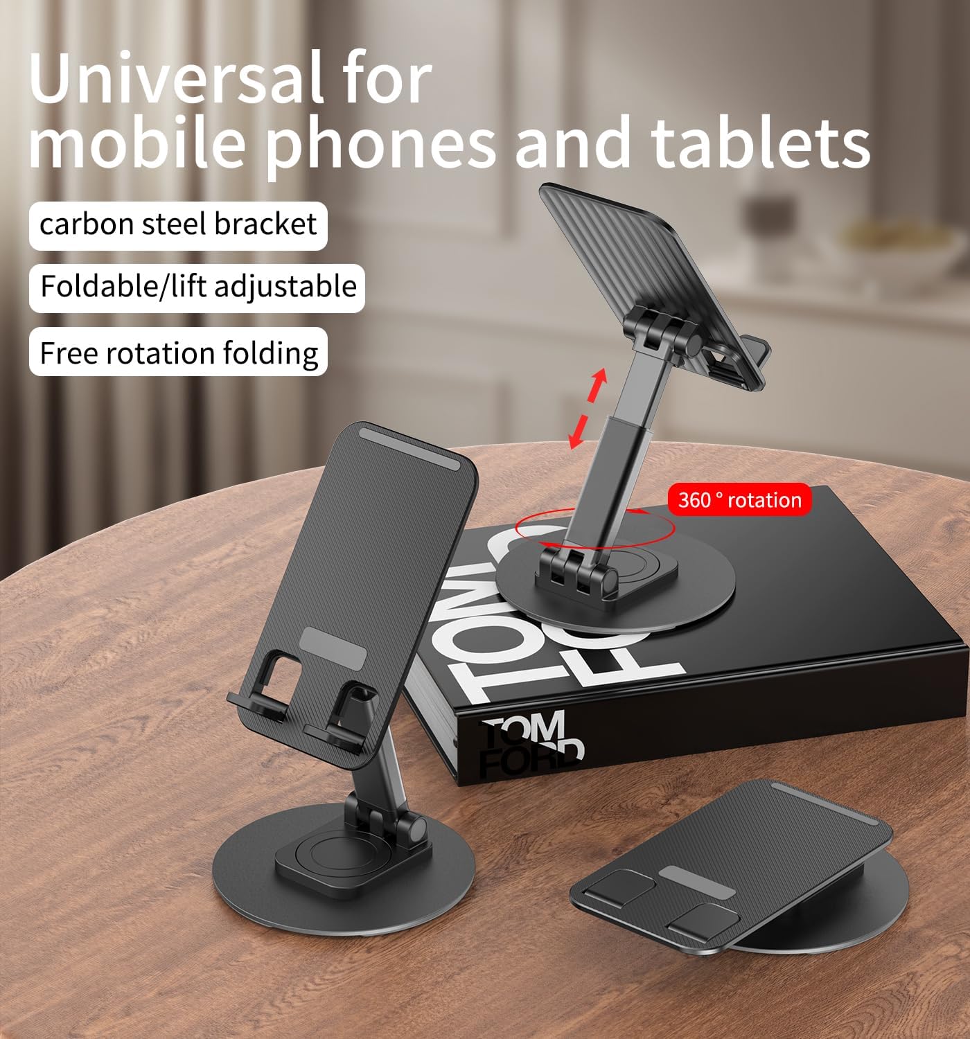360° Rotating Cell Phone Stand for Desk, Adjustable & Foldable Phone Holder, Aluminum Desktop Phone Stand with Anti-Slip Base, Compatible with iPhone, iPad, Android Phones, K69-Black