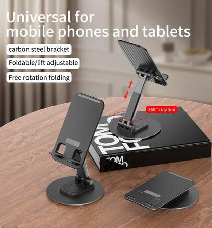 360° Rotating Cell Phone Stand for Desk, Adjustable & Foldable Phone Holder, Aluminum Desktop Phone Stand with Anti-Slip Base, Compatible with iPhone, iPad, Android Phones, K69-Black
