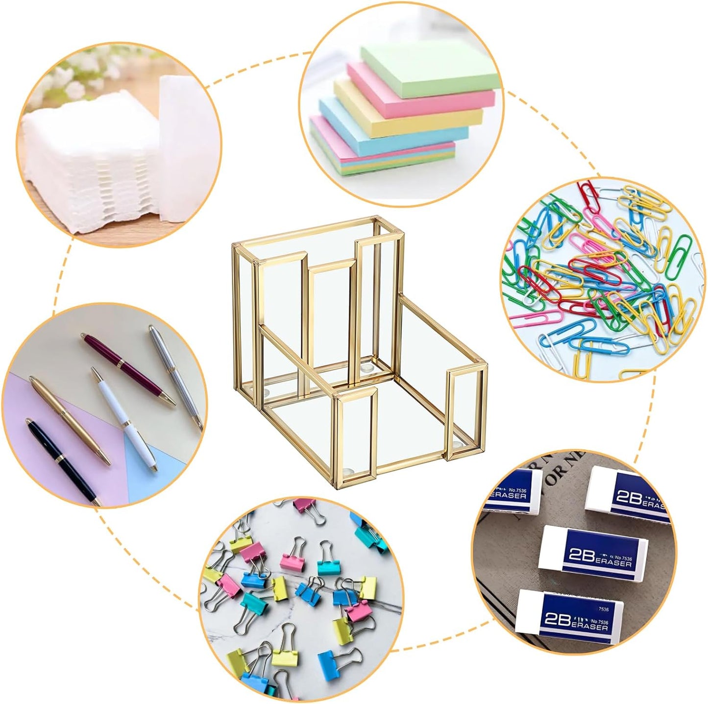 BTSKY Golden Glass 3x3 Inch Sticky Note Holder with Pen Slot, Elegant Post It Note Dispenser with Non-Slip Pads Clear Notepad Holder for Desk Organization Planning, Home Office Decor
