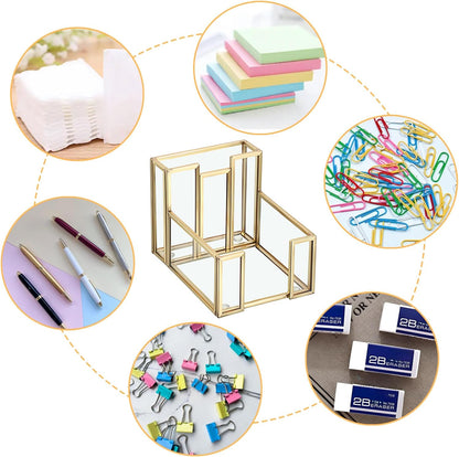 BTSKY Golden Glass 3x3 Inch Sticky Note Holder with Pen Slot, Elegant Post It Note Dispenser with Non-Slip Pads Clear Notepad Holder for Desk Organization Planning, Home Office Decor