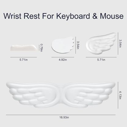 Angel Wing Wrist Rest,Cute Wrist Rest for Keyboard and Mouse,Hand Rests Set Include Ergonomic Keyboard & Mouse Hand Rest and Coaster,Filled Resilient Memory Foam,for Work,Study,Gaming (White)